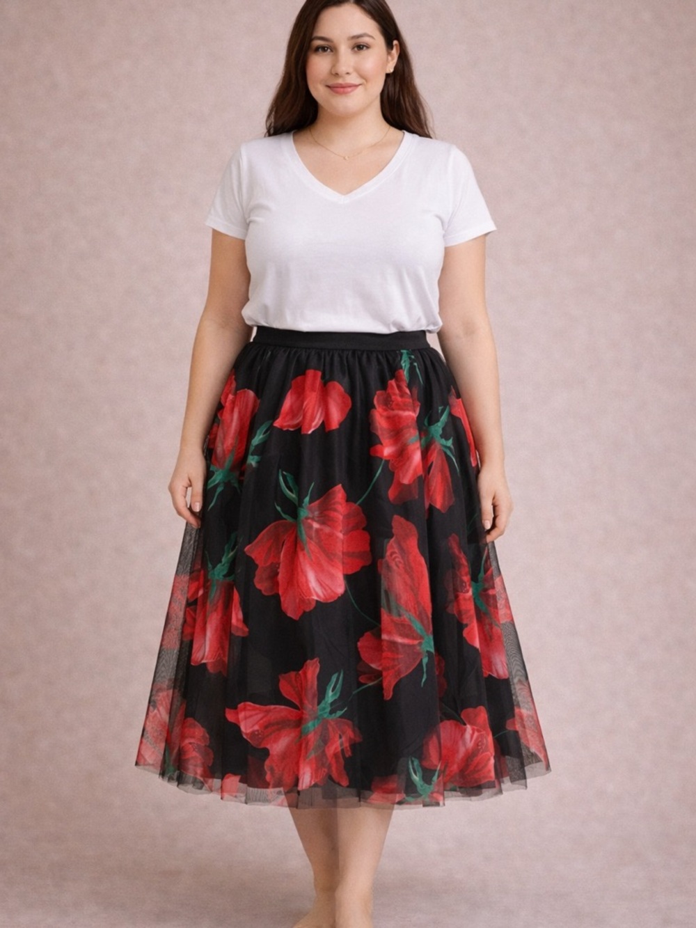 Black Midi Skirt with Red Floral Print